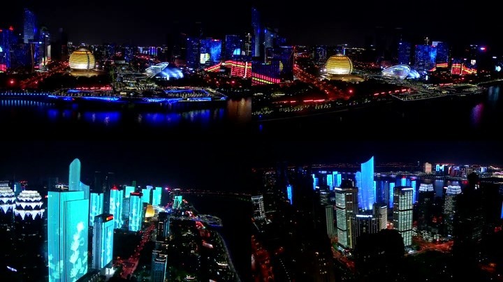 杭州钱江新城夜景航拍城市风光