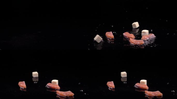 三文鱼奶酪块碰撞高速摄影
