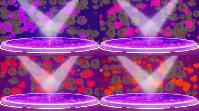 紫色圆形舞台动态合成心形牡丹花闪光背景