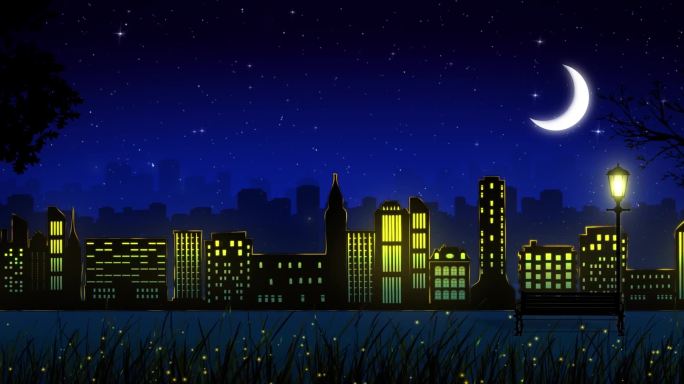 校园唯美夜景城市光晕流光月亮星空闪烁