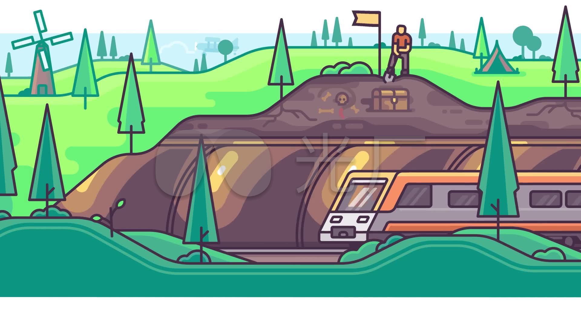 卡通动画火车穿过山谷隧道