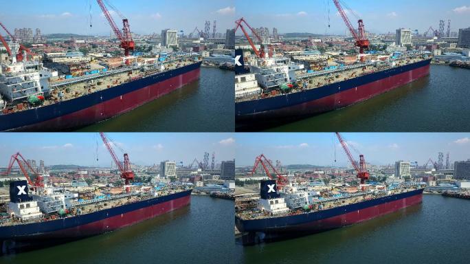 4k航拍海洋重工海港轮船修船厂码头造船业