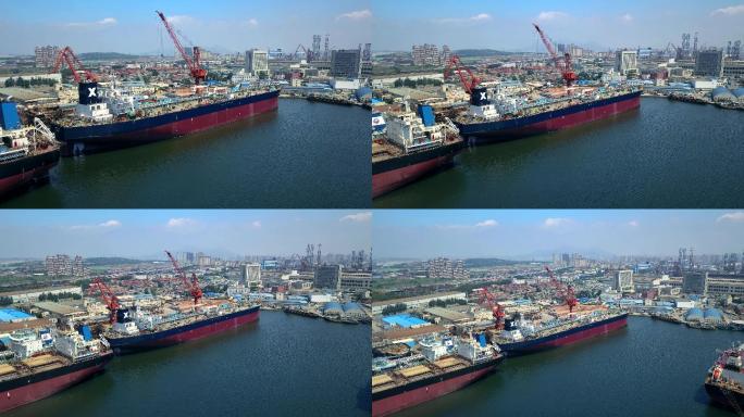 4k航拍海洋重工海港轮船修船厂码头造船业