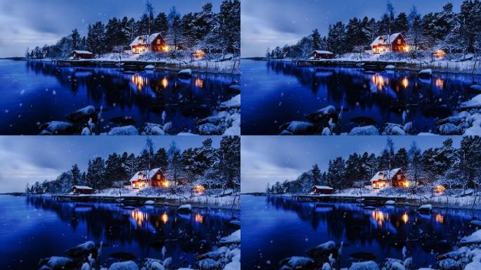 浪漫河流雪地夜晚小木屋