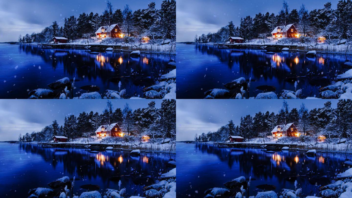 浪漫河流雪地夜晚小木屋