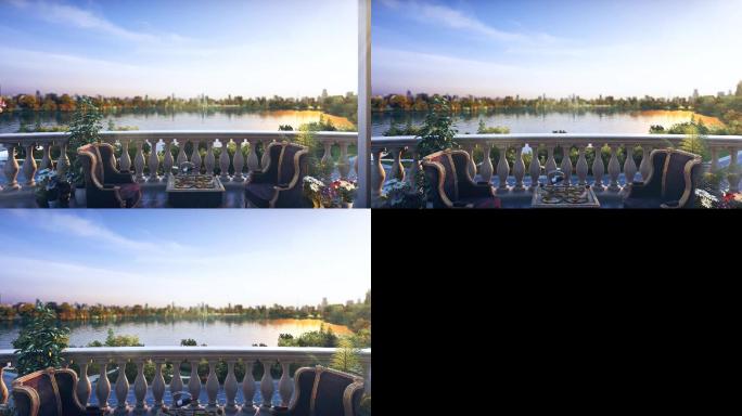 三维镜头出阳台看湖景