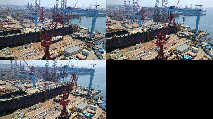 4K航拍造船厂船坞生产建造龙门吊