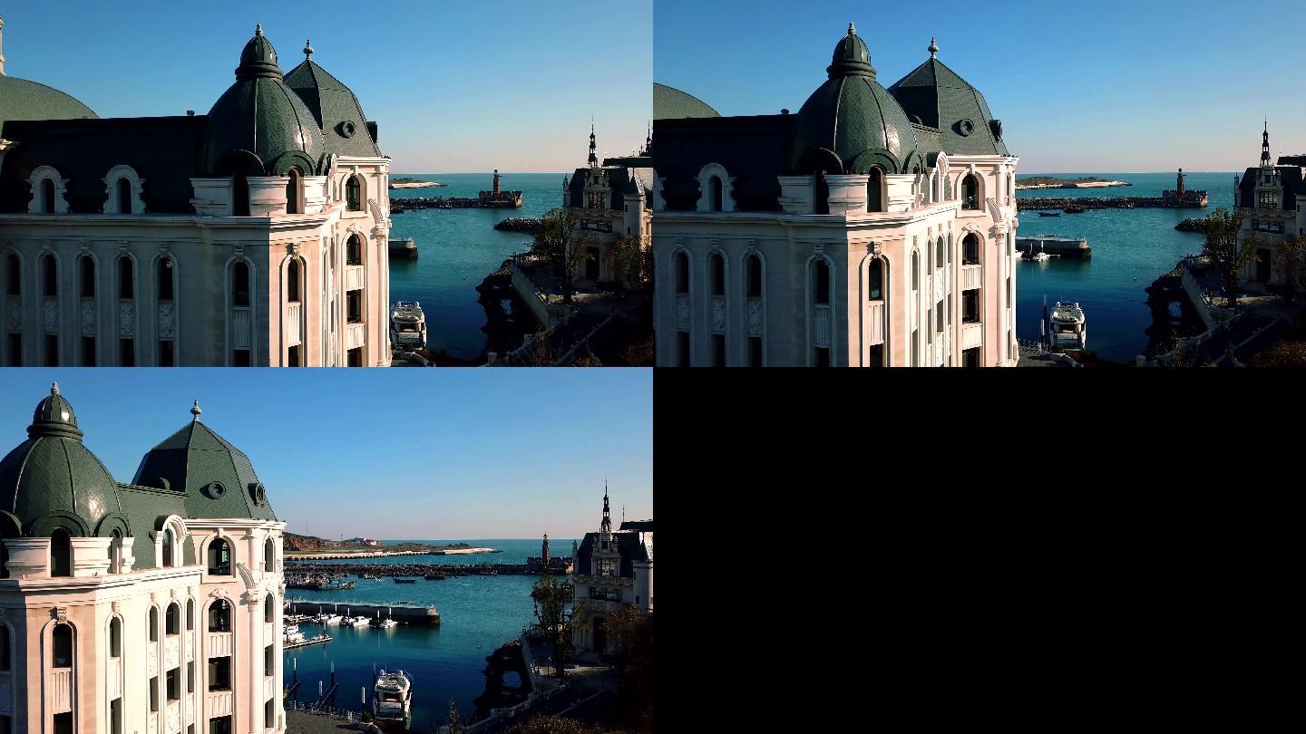 4K航拍海岸城堡老建筑古堡海港