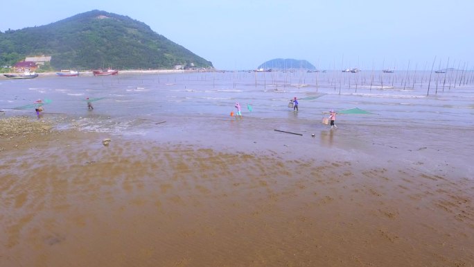 航拍福建沿海沙滩退潮