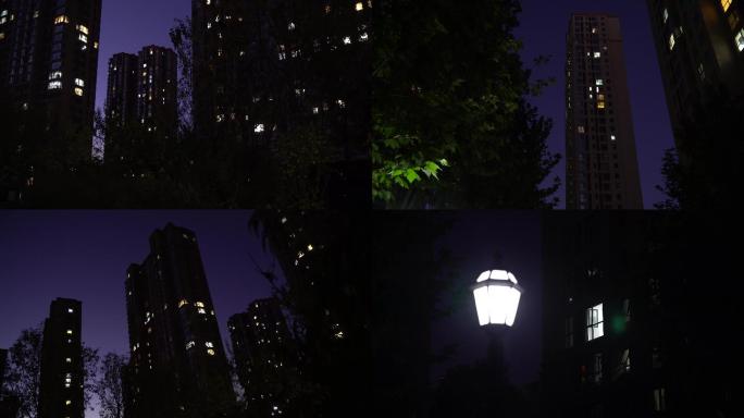 城市建筑小区夜景航拍路灯