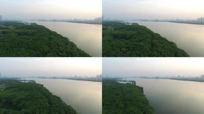 南昌青山湖夕阳下美丽城市风景航拍