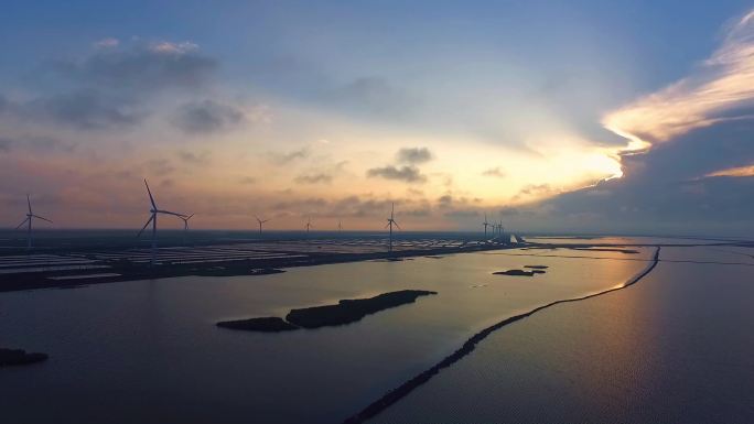 4K 东滩湿地 夕阳 大风车