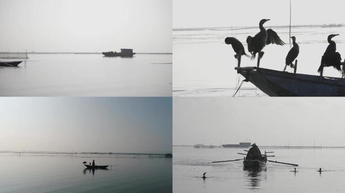 湖景鱼鹰捕鱼船湖面晨曦