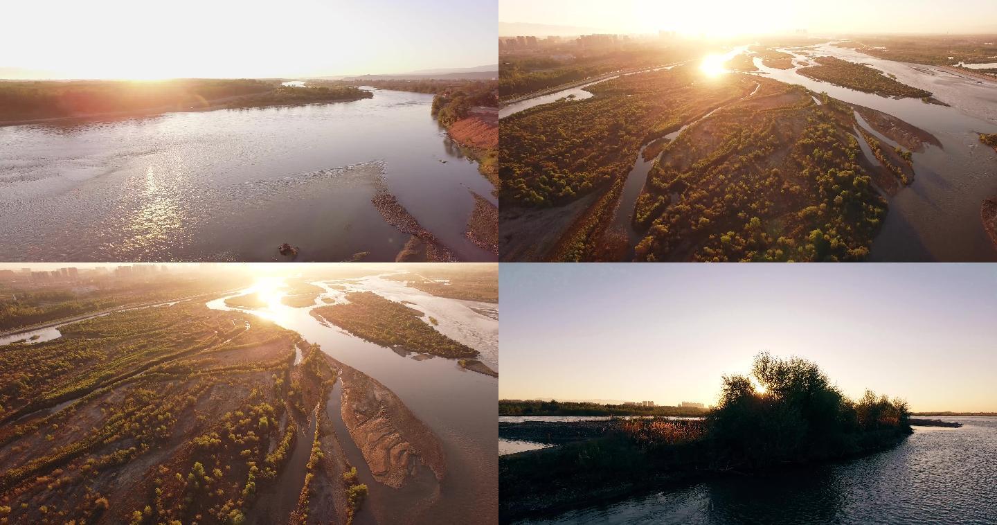 4K航拍湿地河流夕阳
