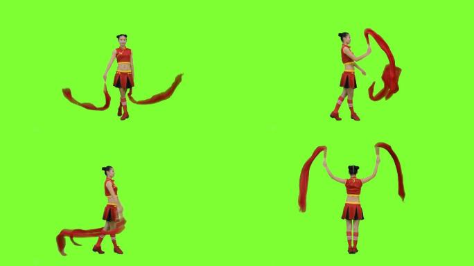 新年喜庆旗袍长绸扇子舞蹈动作绿屏抠像素材