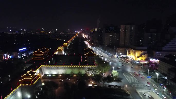 航拍十三朝古都西安城墙城市夜景