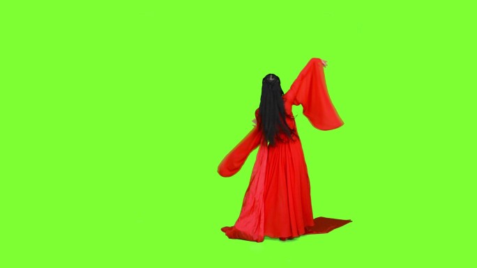 红裙舞蹈长绸舞绿屏抠像素材