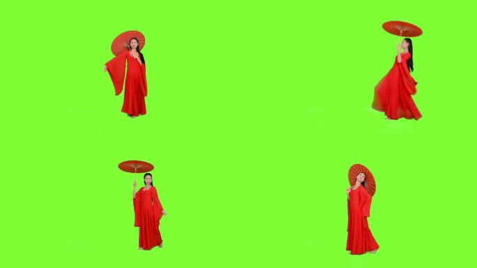 穿着红裙的女人拿红伞跳舞