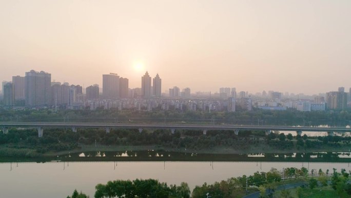 航拍-孝感城市夕阳