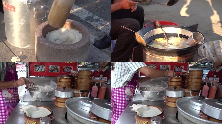 传统小吃糍粑油炸菜饼蒸小笼包木锤糖制作