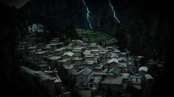 夜晚村庄大下雨