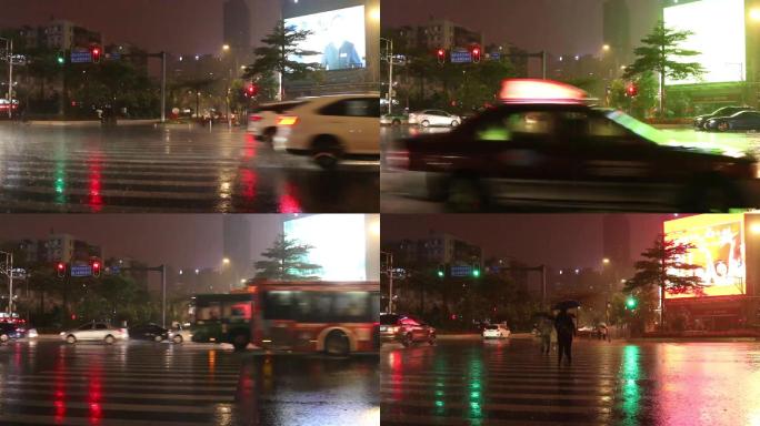 冬雨骤冷广州繁华都市天河路天河东红绿灯车