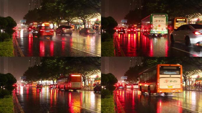 冬雨骤冷广州繁华都市天河北路车水马龙的夜