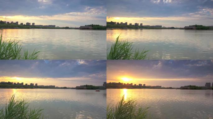 西安城市风景晚霞曲江池水面