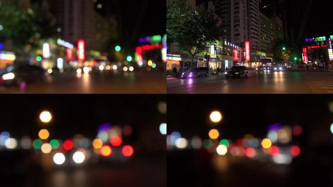 城市夜晚视频车灯焦散光晕马路街道车水马龙