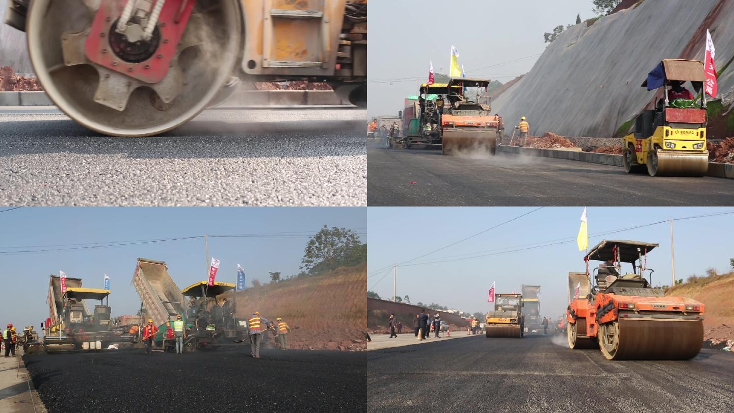 公路建设工人施工铺沥青压路机沥青路面施工
