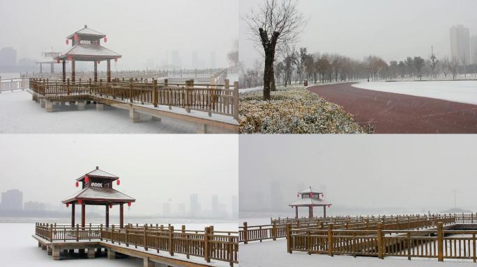 公园景区亭台楼阁木栏下雪小景素材