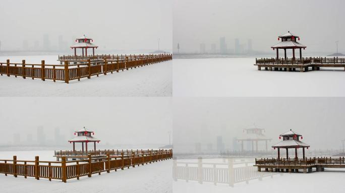 公园景区亭台楼阁木栏下雪小景素材