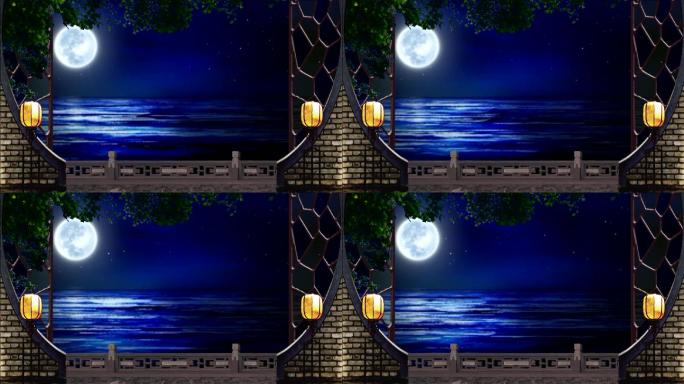 月夜窗棂湖面视频背景