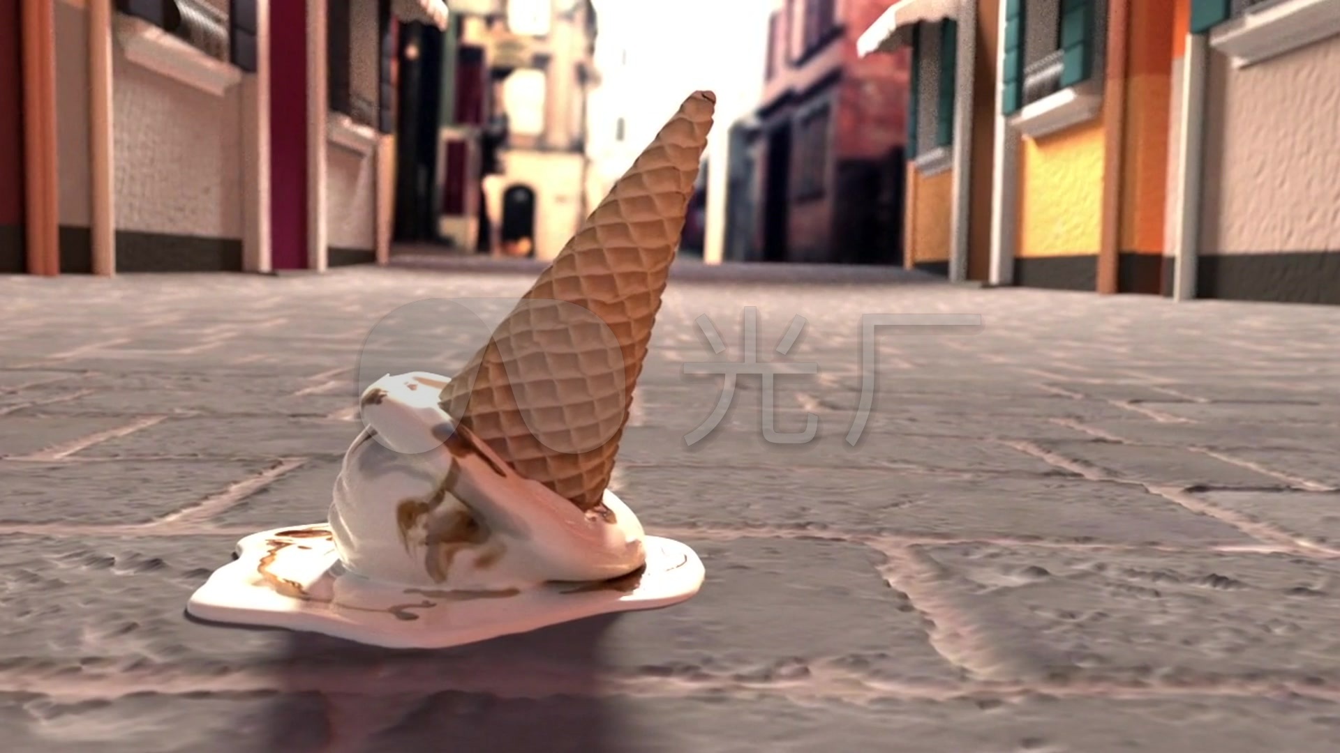 掉落在地上的三维蛋筒冰激凌