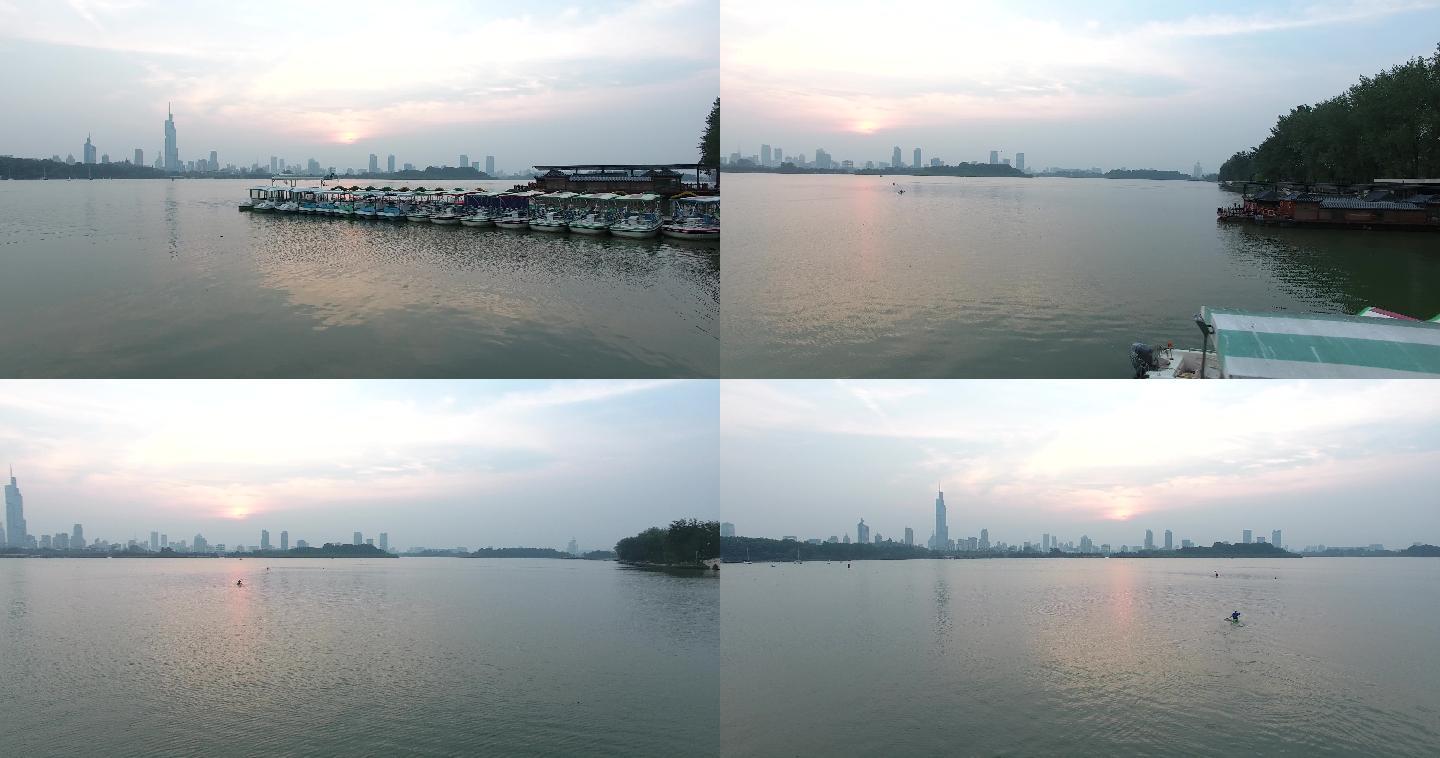 南京风景紫峰玄武湖游客划船航拍