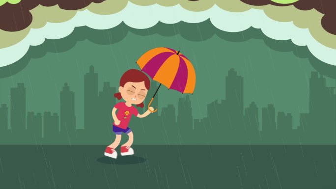 女孩打伞在大雨中行走卡通动画