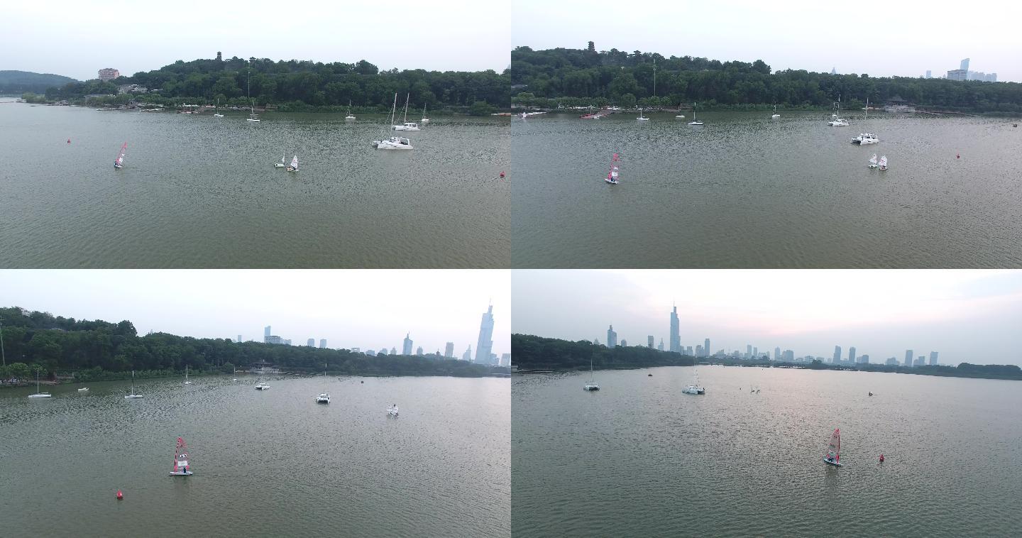 南京风景玄武湖游客划船紫峰航拍