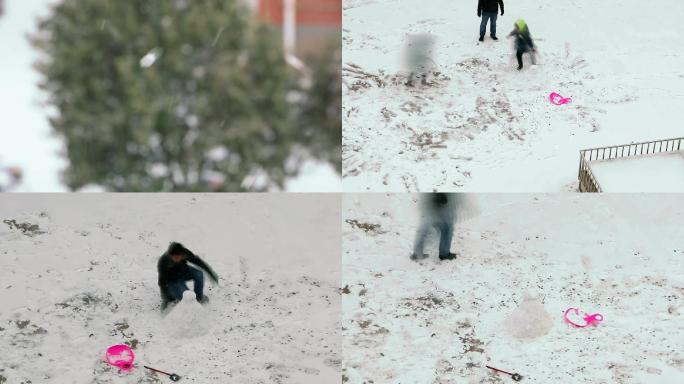 鹅毛大雪纷飞堆雪人延时摄影