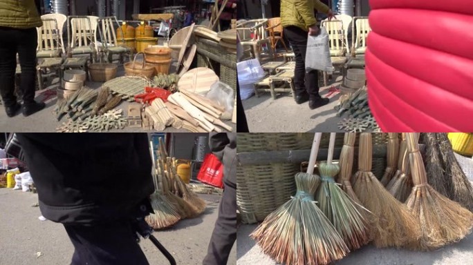 农贸市场墟天集市竹器地摊竹櫈竹椅扫帚锅盖