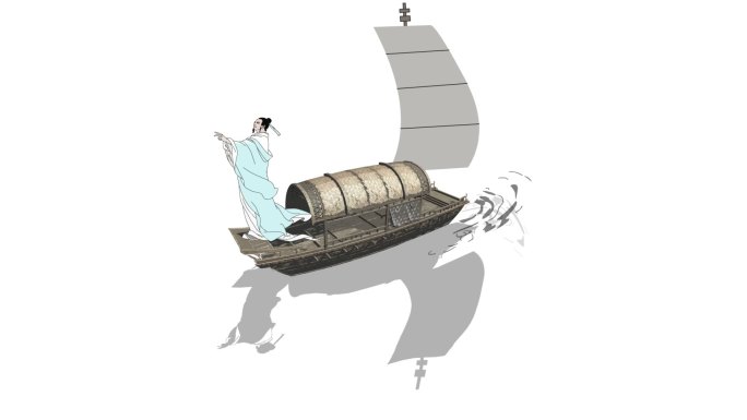 水墨元素古代人物小船透明通道+无限循环