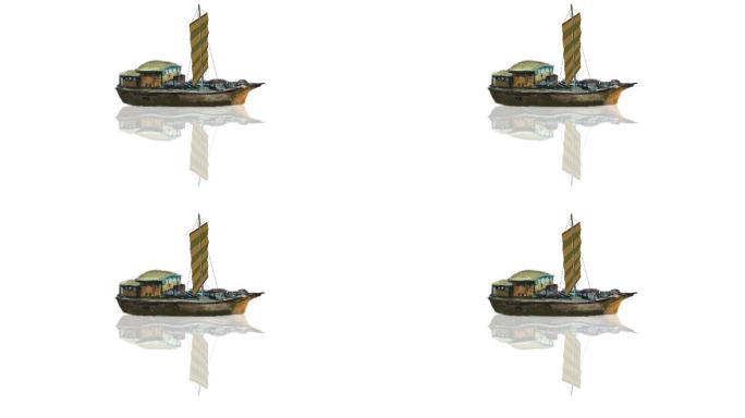 古代小客船水墨素材透明通道+无限循环