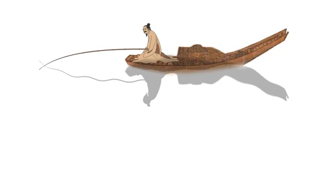 古代垂钓水墨船水墨素材透明通道+无限循环