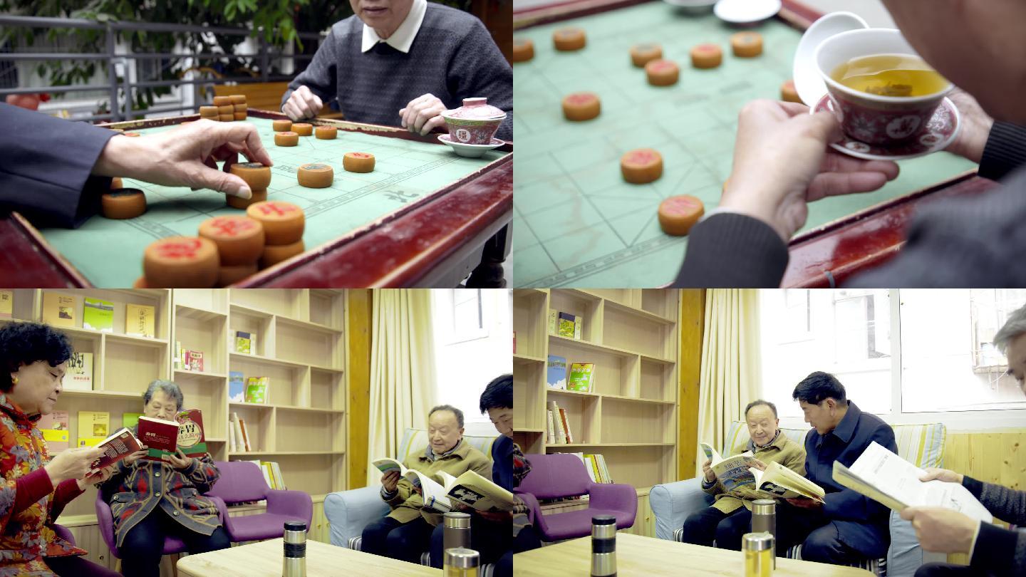 4K休闲老人喝茶下棋