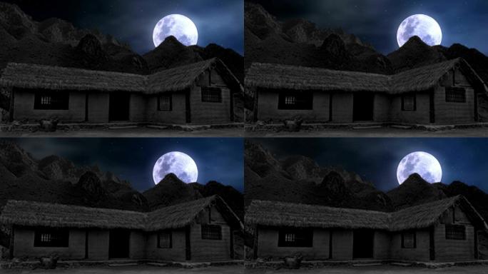 茅屋草屋茅草屋破房子晚上