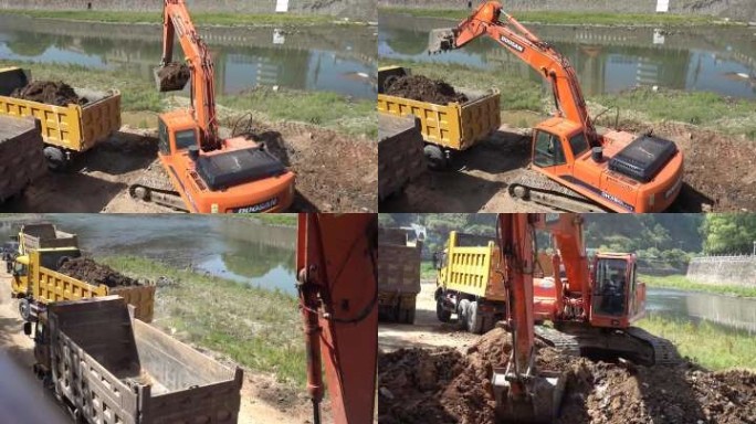 河道拓宽路障清理市政工程建设挖掘机工程车