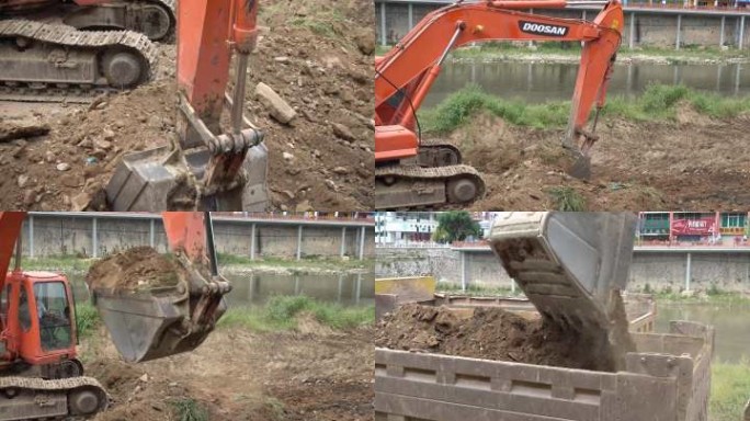 河道拓宽路障清理市政建设挖掘机工程车卡车