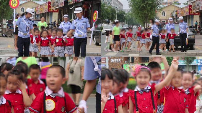 交警帮助小孩过人行路原素材