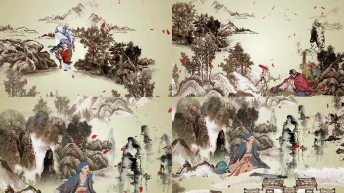 中国风水墨山水古代人物视频素材