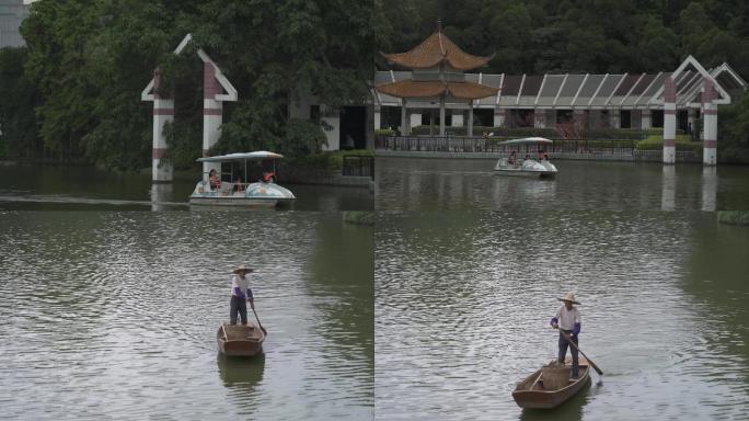 超清原始素材东湖公园悠然划船小木船