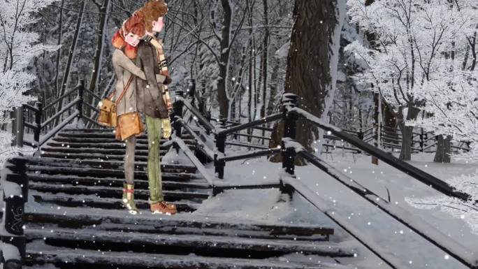 唯美大气雪天恋爱中情侣拥抱木桥视频素材